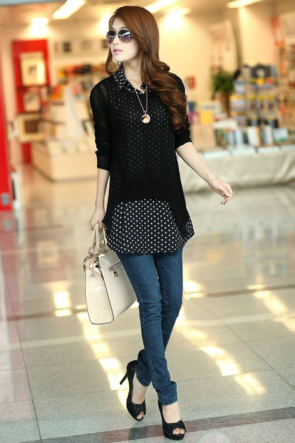 Women Button Closure Doted Pattern Long Shirt Black
