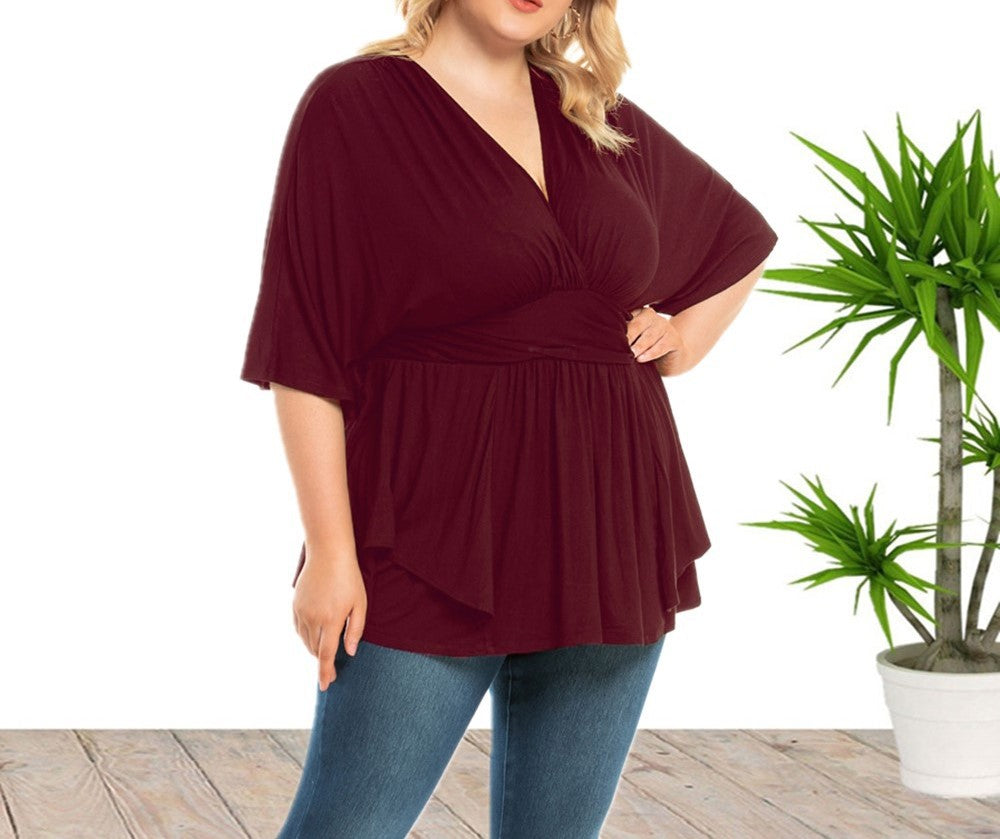 Plus‑Size Women’s Solid Color V‑Neck Loose Fit Top – Summer & Autumn Casual Blouse