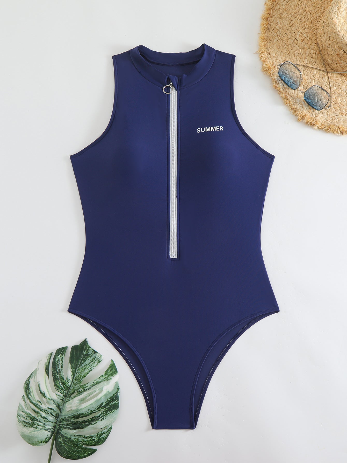Solid Color High Collar Zipper One-Piece Surfing Suit Bikini Briefs