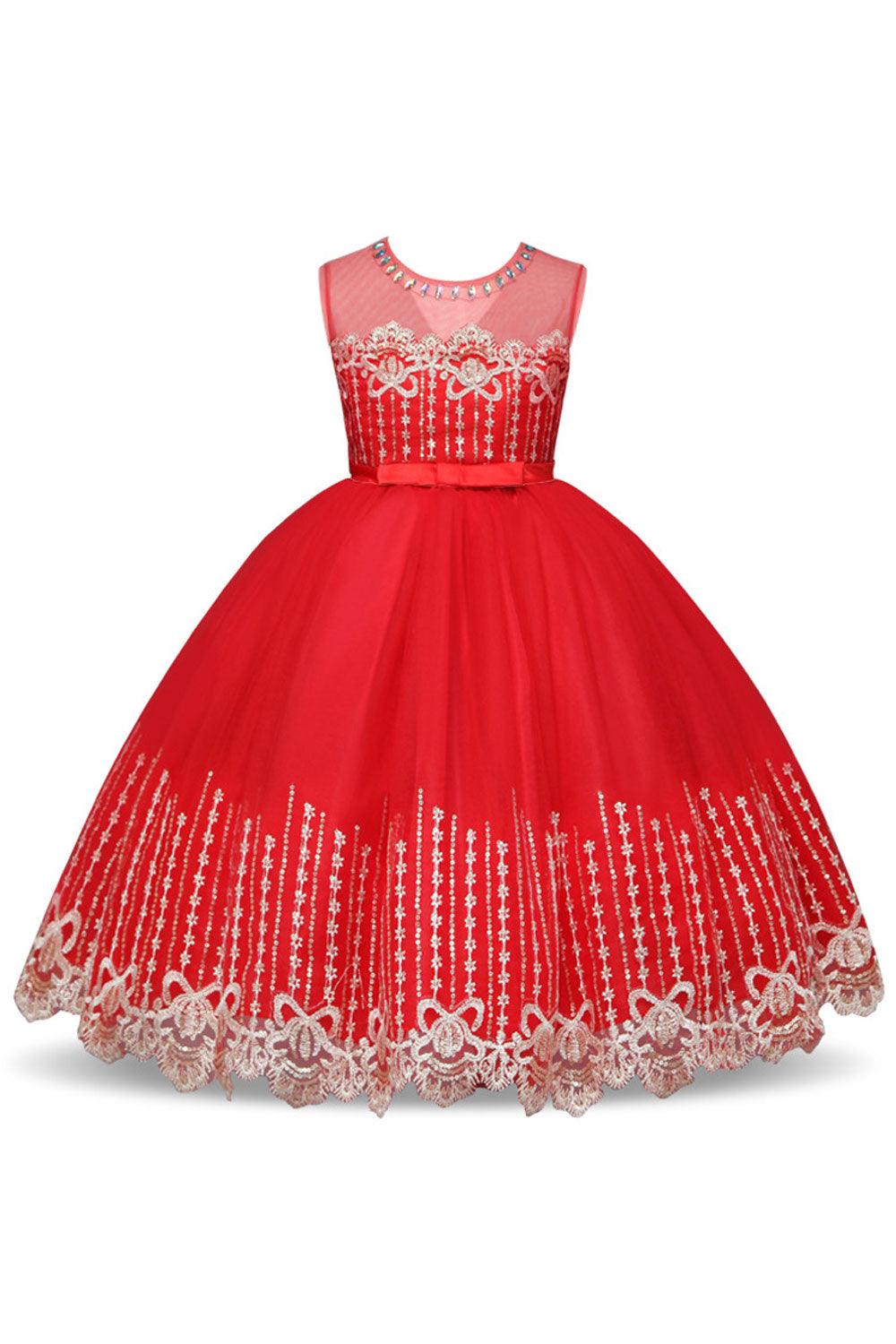 Kids Girls Fabulous Beads Decorated Round Neck Knoted Waist Lace Pattern Appealing Princess Dress