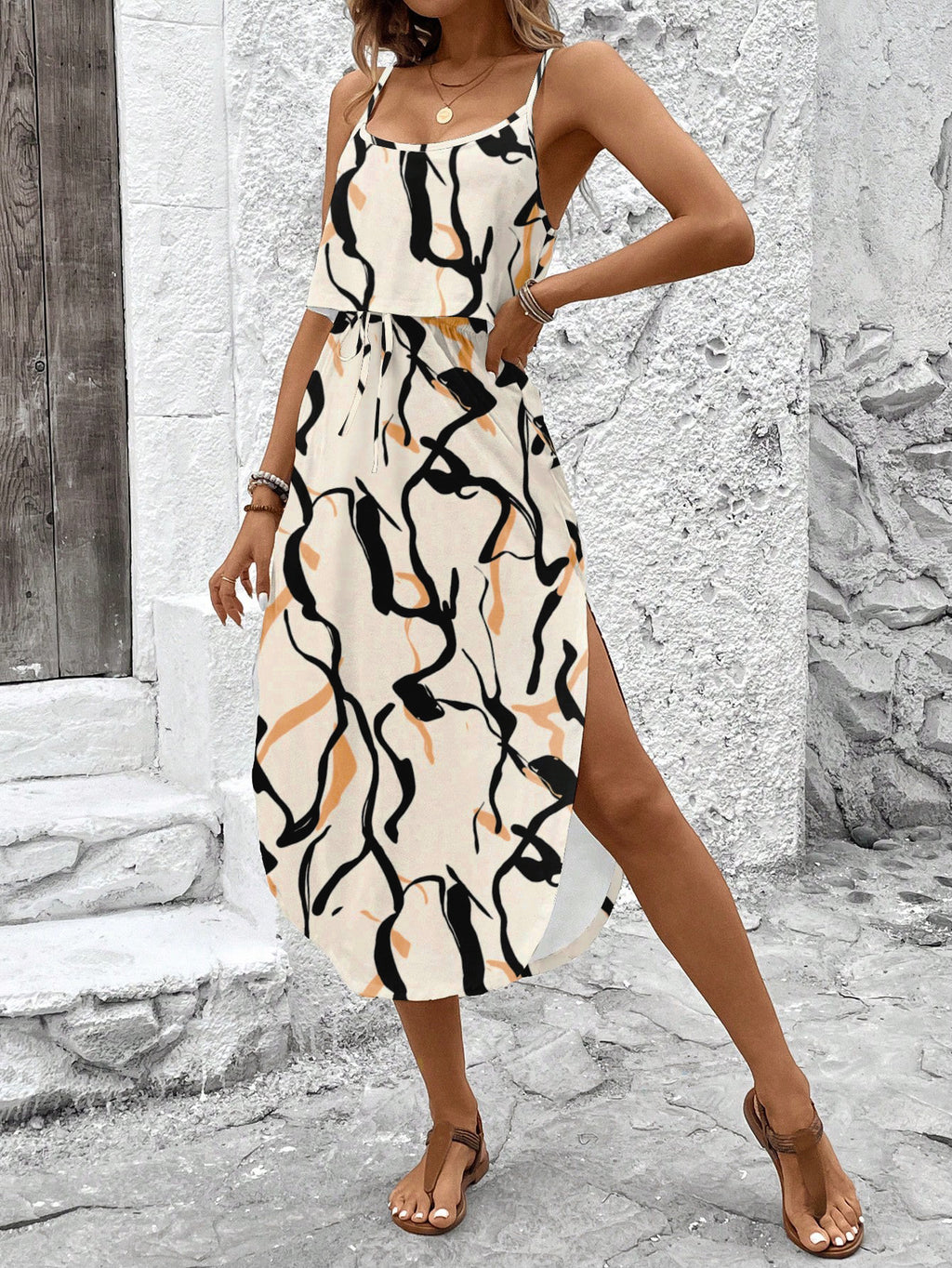 Women's New Style Printed Strap Hem Maxi Dress Casual Summer Vacation Sundress