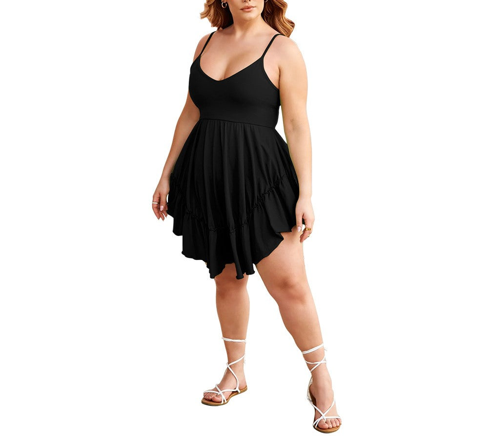 Women's Casual V-Neck Knitted Suspender Dress – Plus Size, Waist-Defined, Comfortable & Stylish
