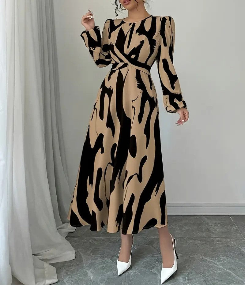 Women's Commuter Crew Neck Long Sleeve Waist Fit Large Swing Midi Dress Casual Everyday Fashion