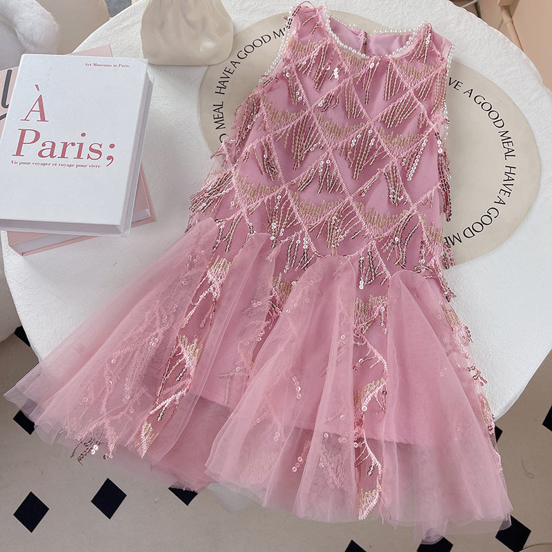 Summer New Girls’ Pearl Vest Dress – Elegant Princess Skirt for Medium and Large Children - RAC25JP3271GDRESS
