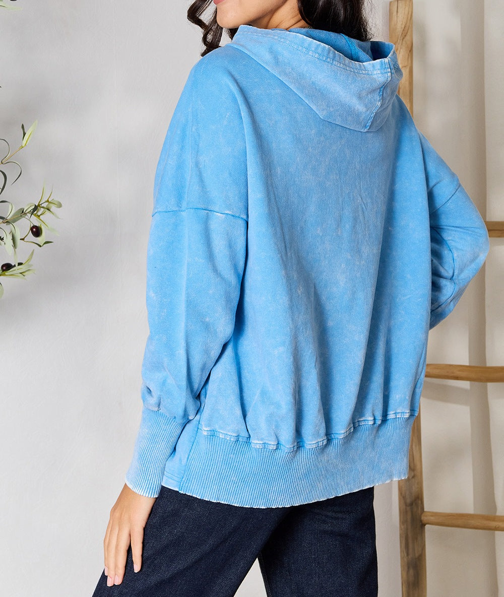 Women's Zenana Half Snap Long Sleeve Hoodie with Pockets