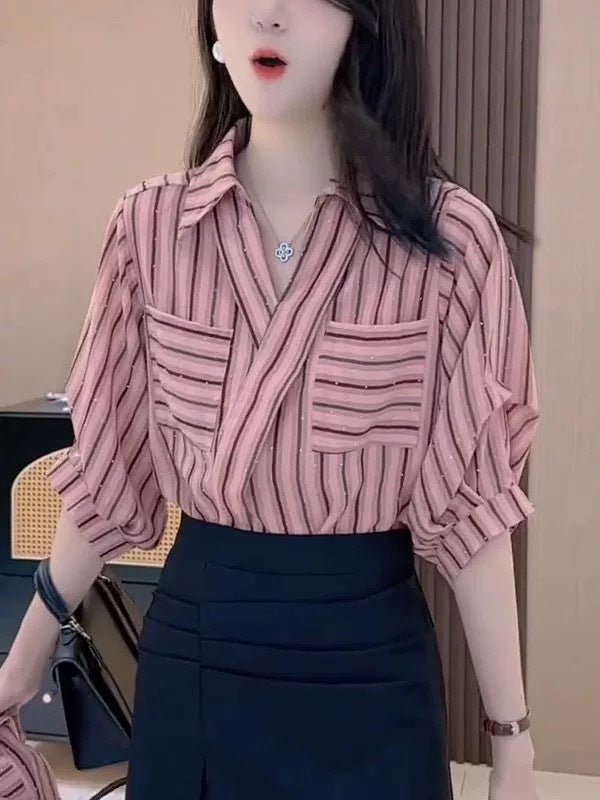 Women's Elegant Summer Chiffon Striped Thin Shirt Top
