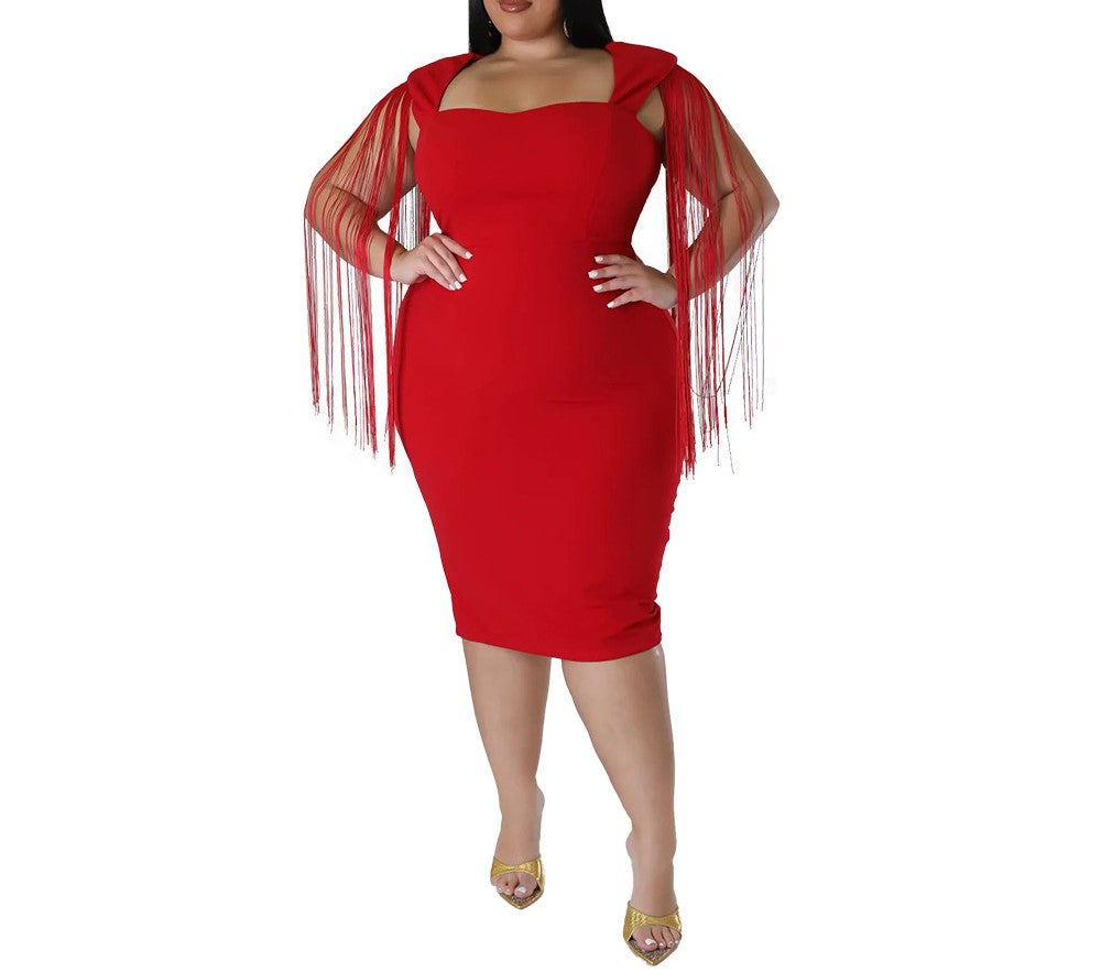 Plus Size Tassel Sleeveless Slim Dress – Elegant & Stylish Women's Party Dress
