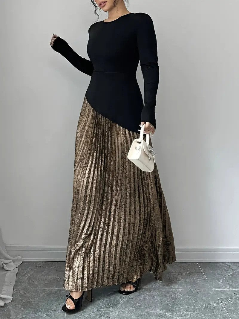 Women's Floor-Length Pleated Maxi Skirt with Large Hem, Elegant High-Waist Long Skirt