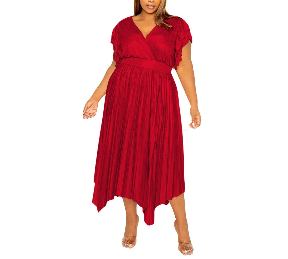 Women’s Plus Size V-Neck Ruffle Sleeve Pleated Maxi Dress – Elegant Spring/Summer Long Dress