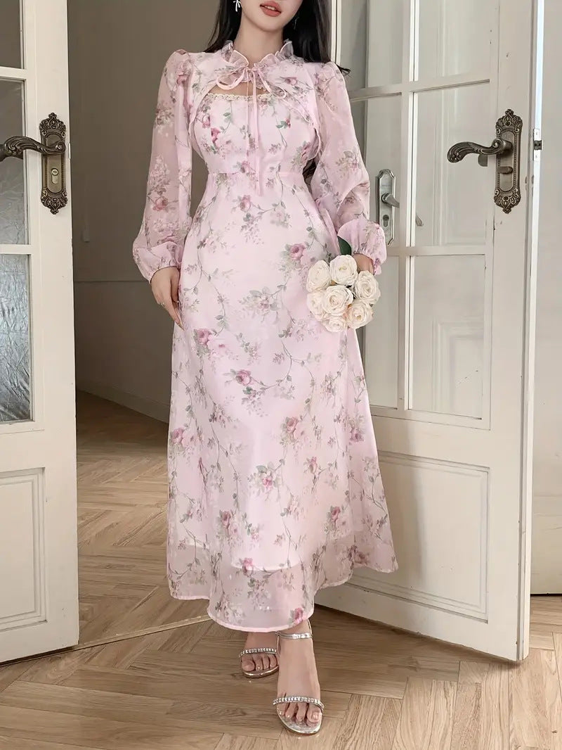 Women's Floral Pink Long Sleeve Waist-Defined Maxi Dress with Elegant Printed Design