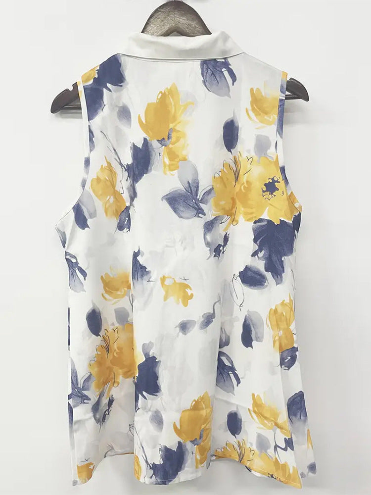 Summer Printed Cut-Out Sleeveless Lapel Button Shirt Top for Women Casual Lightweight Blouse