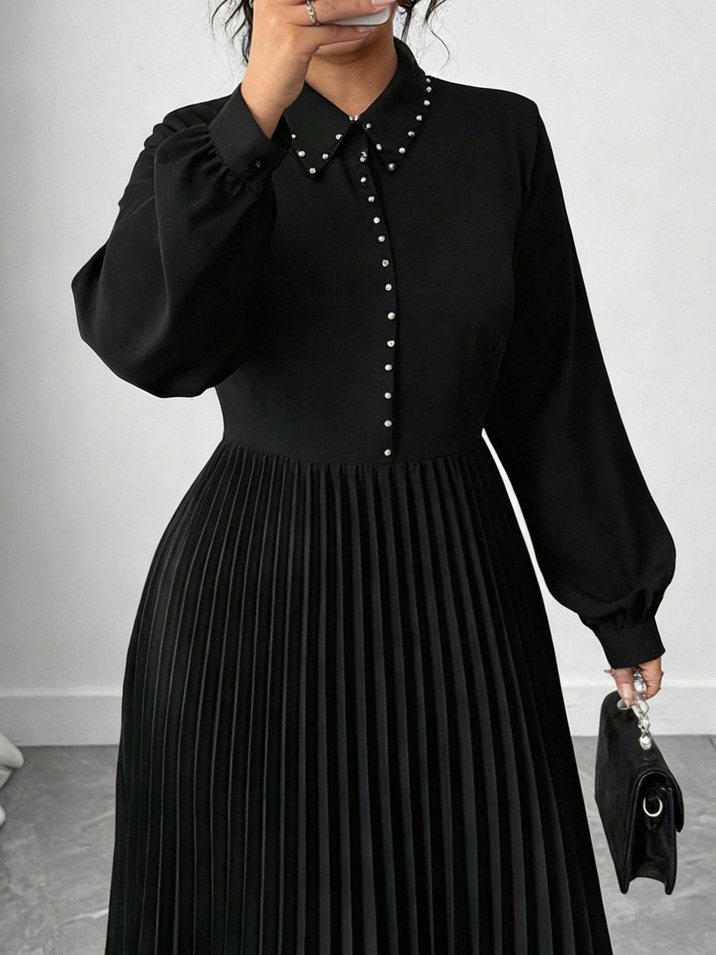 Plus-Size Women's Long Sleeve Pleated A-Line Maxi Dress, Waist-Cinching Elegant Casual Dress for Everyday, Office, Party, and Sp