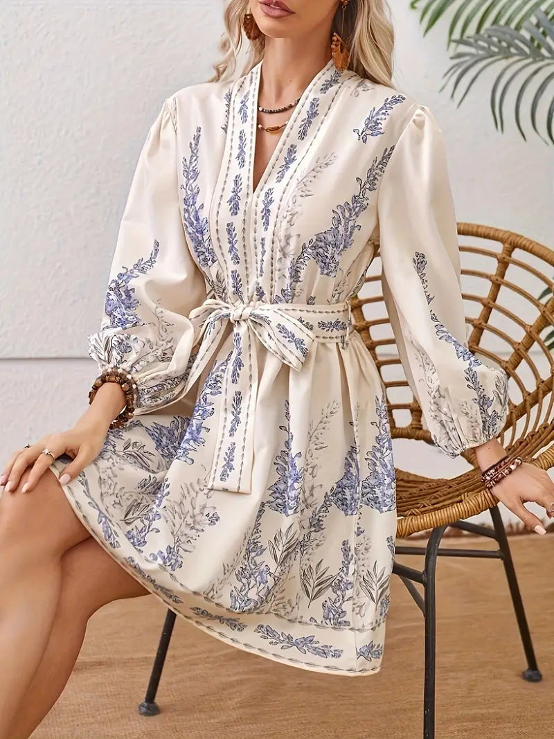 Women's Printed V-Neck Long Sleeve Waist-Defined Short Dress Casual Fashion Mini Dress