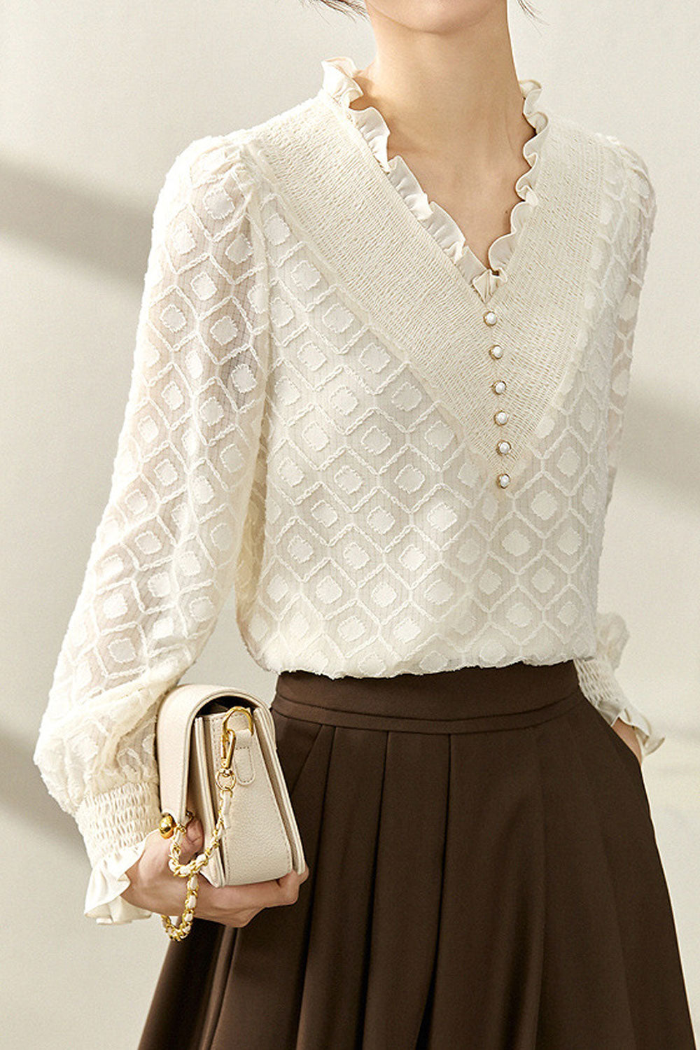 Women Ruffled V-Neck Puff Sleeve Chiffon Blouse Spring Long-Sleeved Shirt