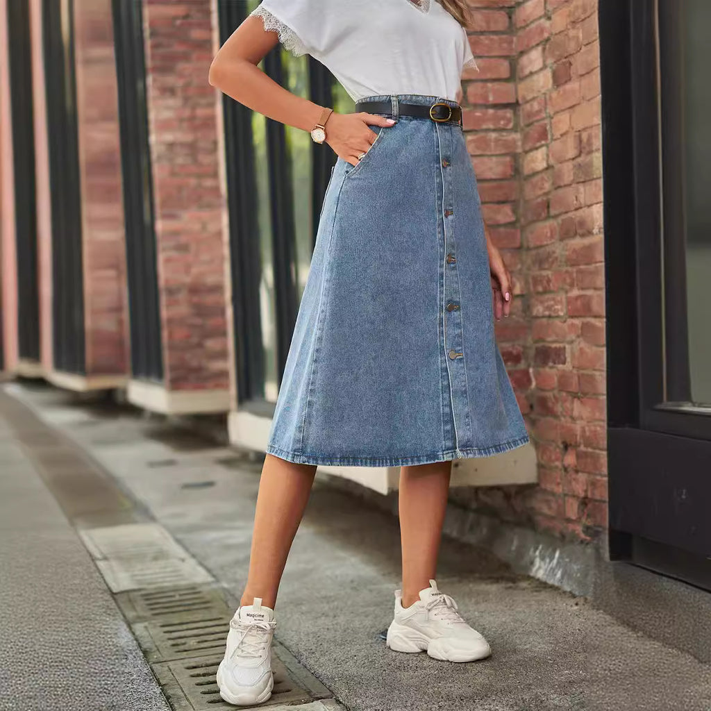 Slimming Washed Denim One-Button Midi Skirt for Women