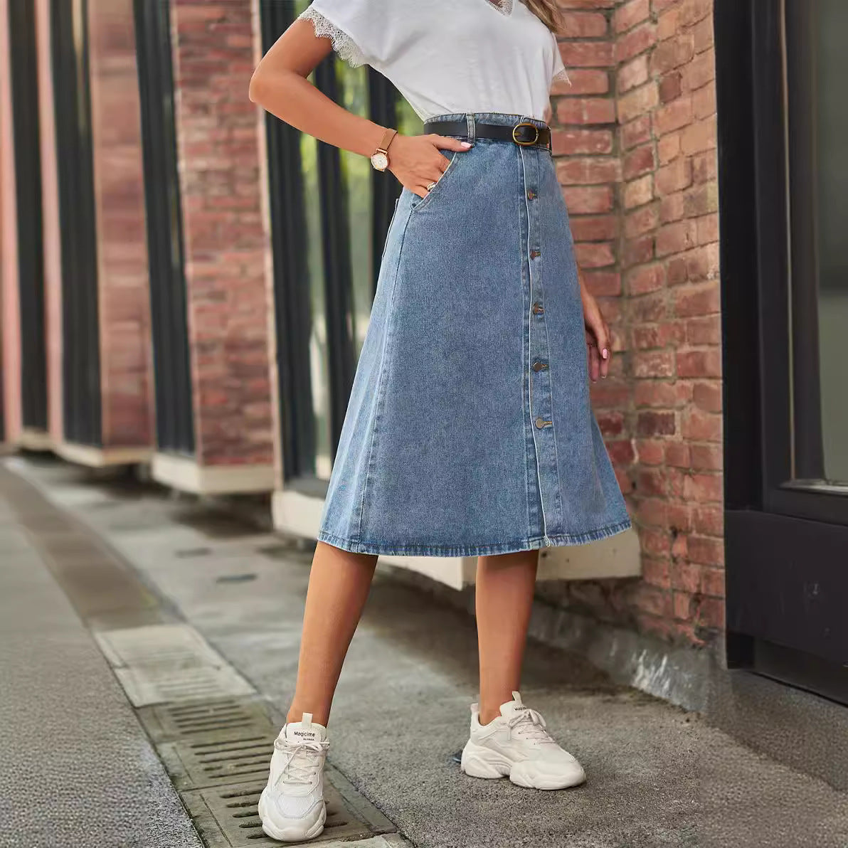 Slimming Washed Denim One-Button Midi Skirt for Women