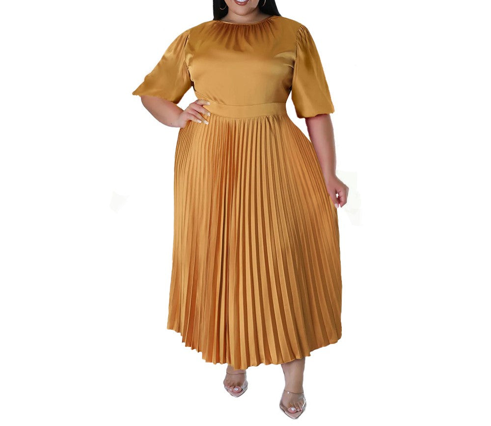 Plus Size Women's Autumn Winter Pleated Long Dress – Short Sleeve Round Neck Elegant Casual Maxi Dress