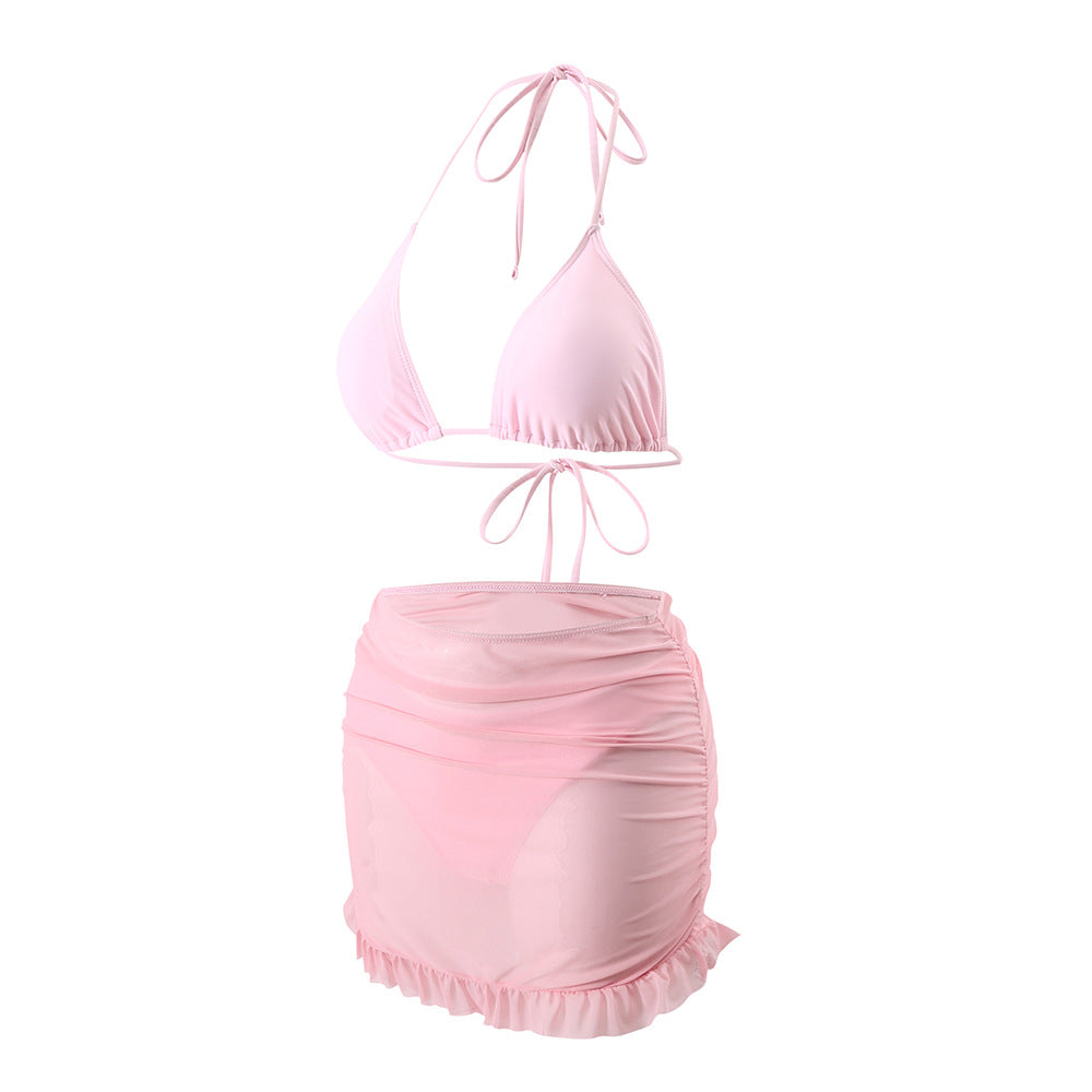 New Women's Three-Piece Set - Solid Color Hanging Neck Lace-Up Bikini with Gauze Skirt
