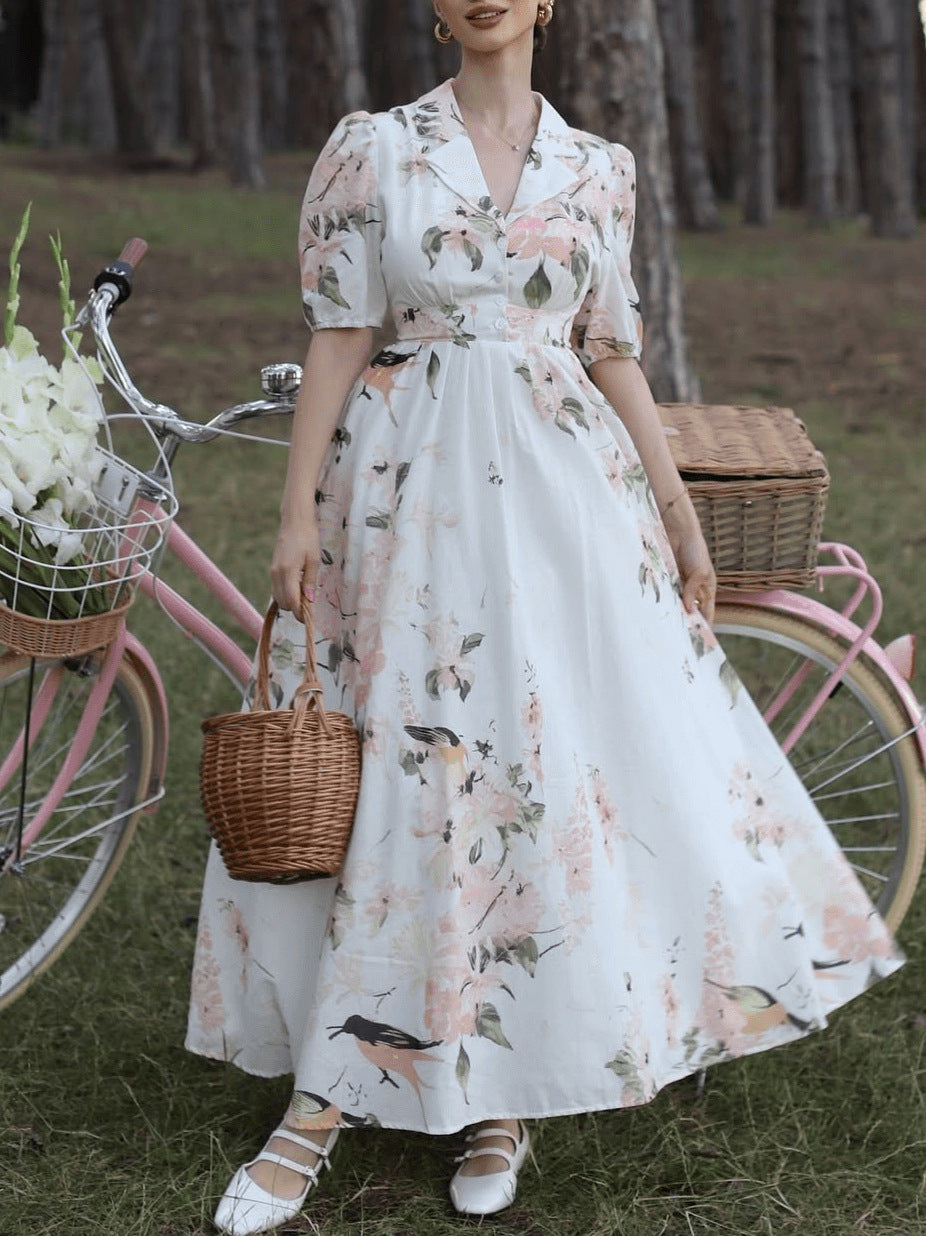 Women's Summer Printed Short Sleeve Waist-Cinching Flared Maxi Dress Elegant Casual Long A-Line Dress for Daily Wear, Vacation,