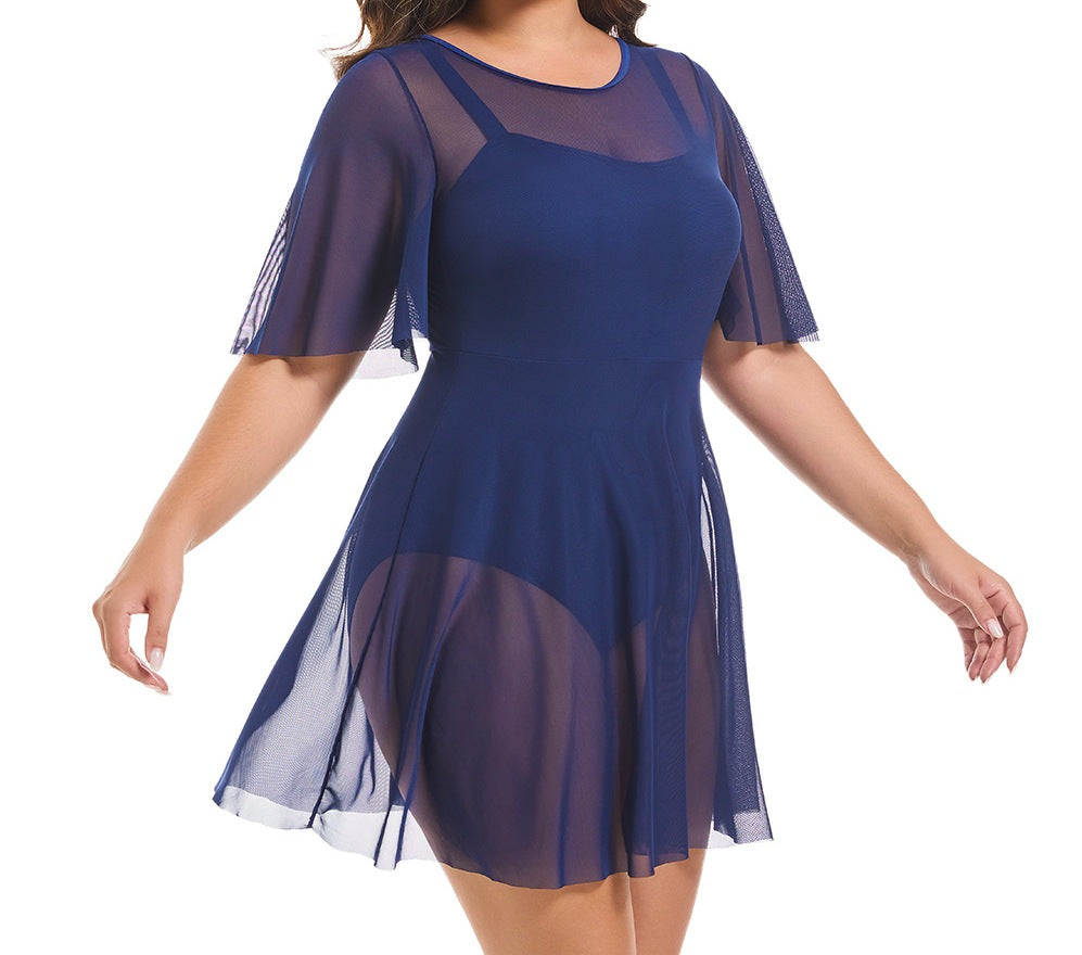 Women’s Plus Size One-Piece Swimsuit – Tummy Control Mesh Slimming Swimwear with Chest Padding
