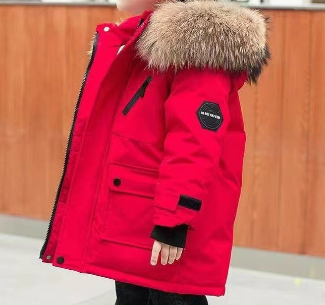 Winter Boys’ Cotton-Padded Jacket – Mid/Long-Length Thick Down Coat with Large Fur Collar - RAC25JP3250BOW