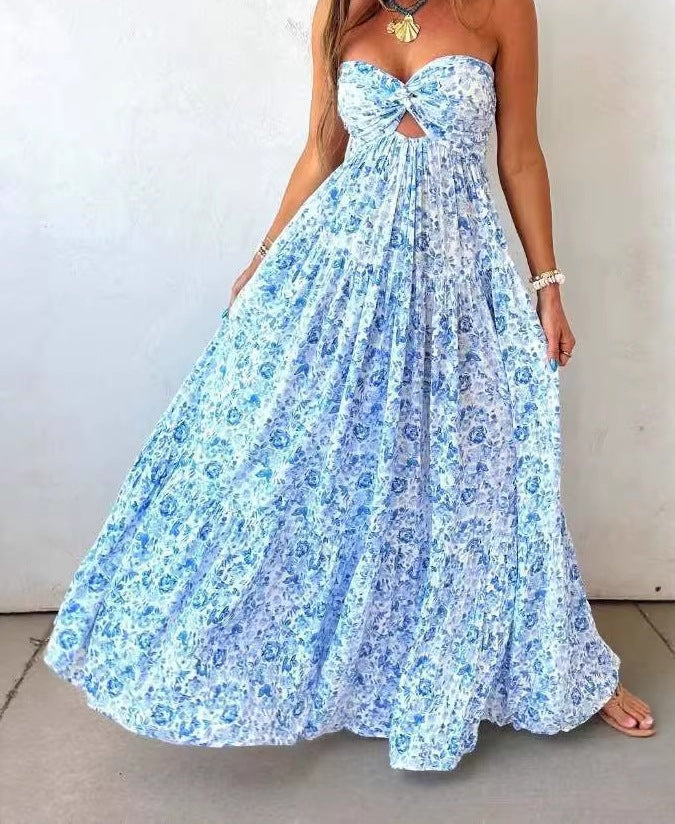 Women's Strapless Sleeveless Backless Floral Dress – Elegant Printed Summer Dress
