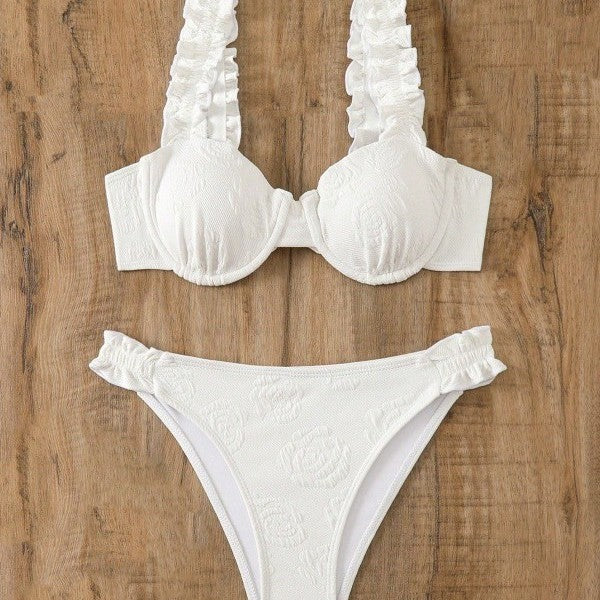 Solid Color Lace Double Shoulder Strap Two-Piece Bikini Swimsuit for Women