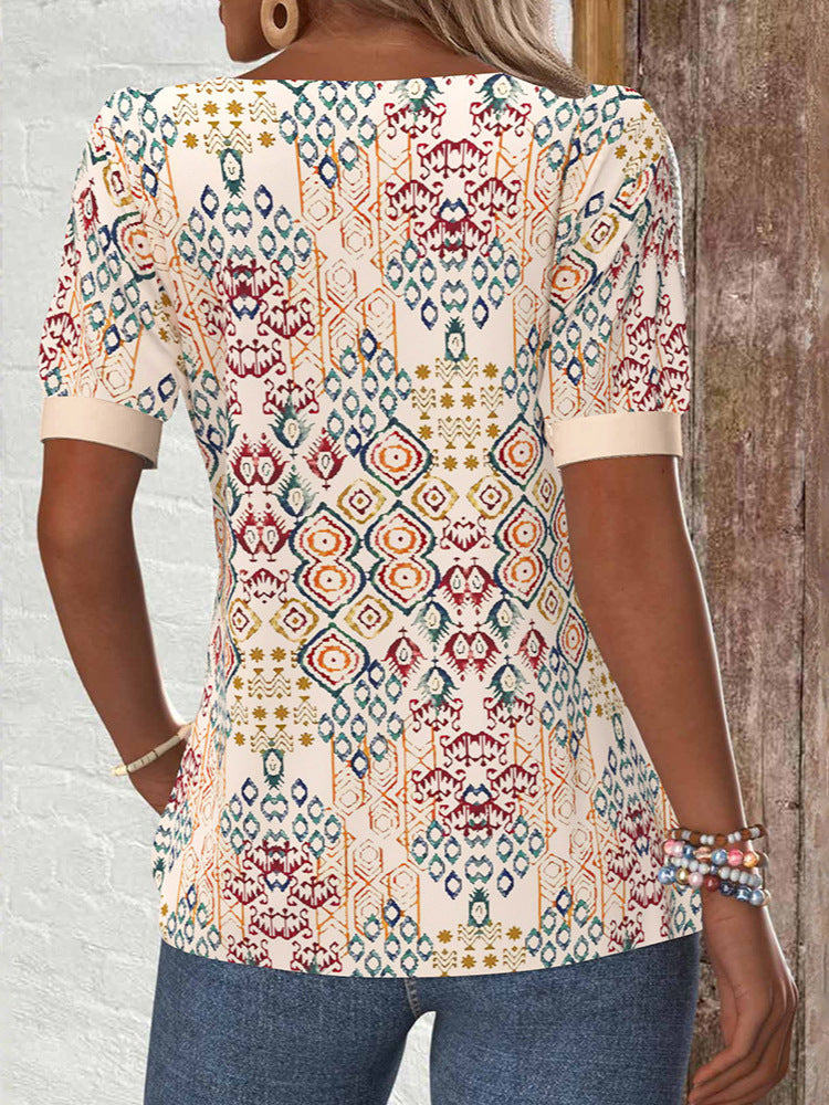 Women's Elegant Slant Collar Printed Button Detail Short Sleeve T-Shirt Top