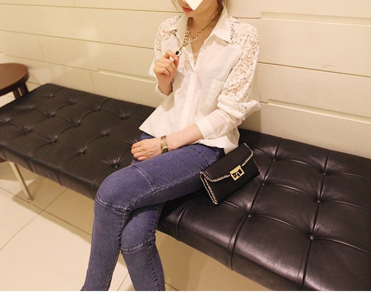 Spring & Autumn Women's Lace Stitching Chiffon Blouse – Loose Fit Batwing Sleeve Solid Color Shirt