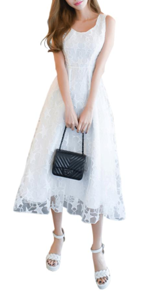 Women Sleeveless Star Design Lace Party Dress White