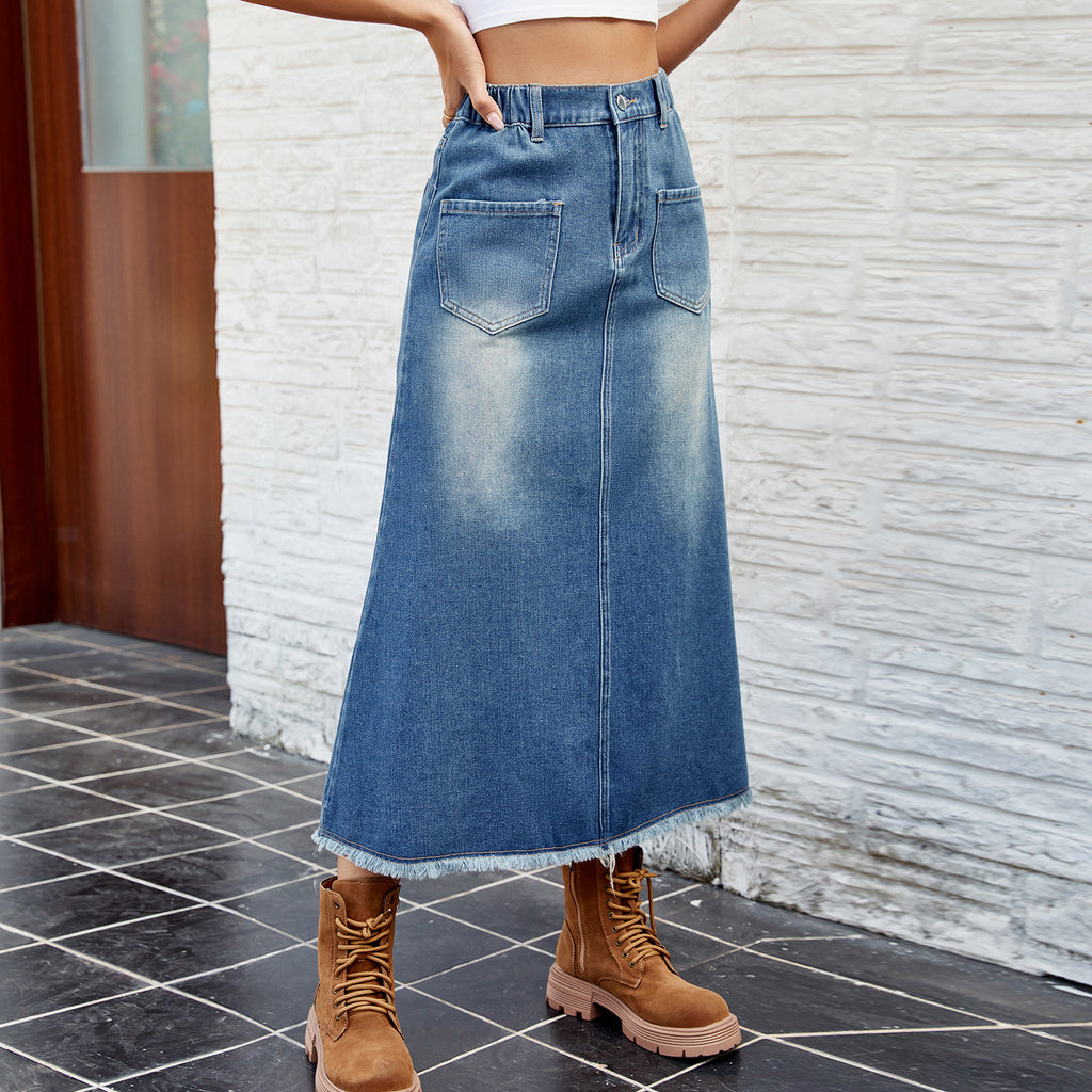 Women's Spring/Summer Washed Frayed Denim Midi Skirt - New Arrival