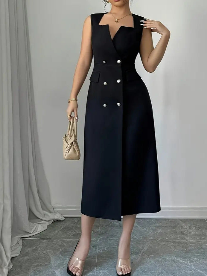 Women's Summer Elegant V-Neck Waist-Defined Split Hem Midi Dress with Modern Slim Fit
