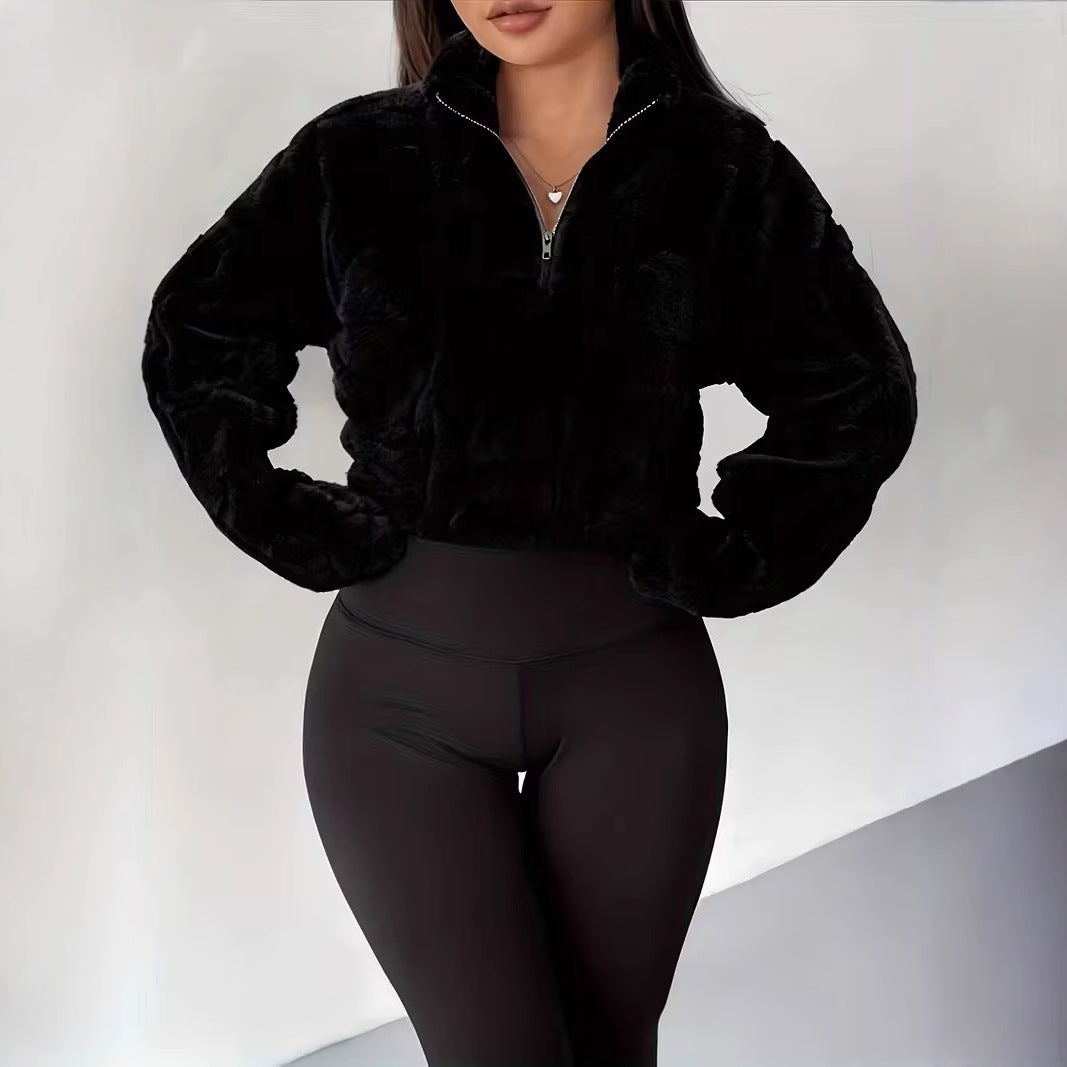 Women's Fashion Long-Sleeved Zipper Short Textured Fleece Sweatshirt Top