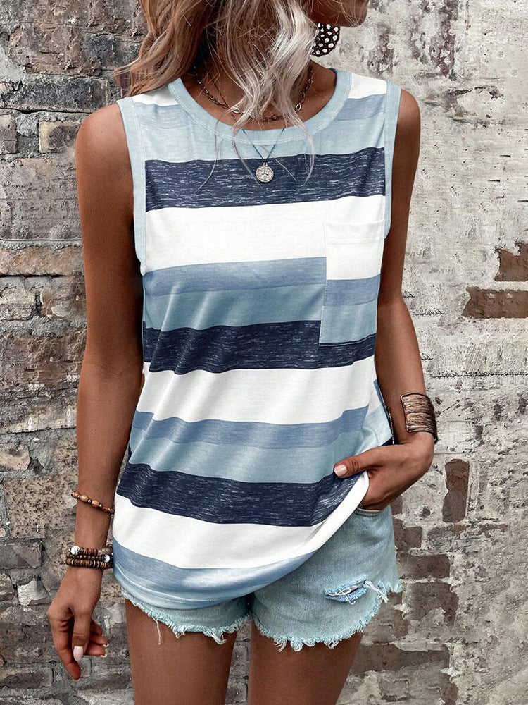 Women's Summer Striped Round Neck Sleeveless Vest Top – Comfortable Casual Everyday Wear