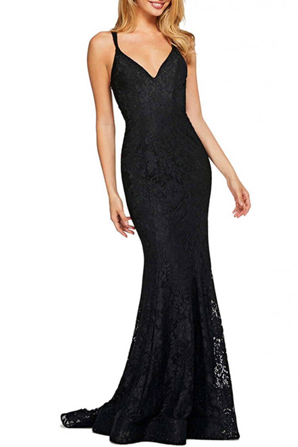 Women Stylish Strap Shoulder Fishtail Long Length Solid Colored Lace Pattern Party Dress