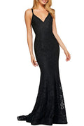 Women Stylish Strap Shoulder Fishtail Long Length Solid Colored Lace Pattern Party Dress
