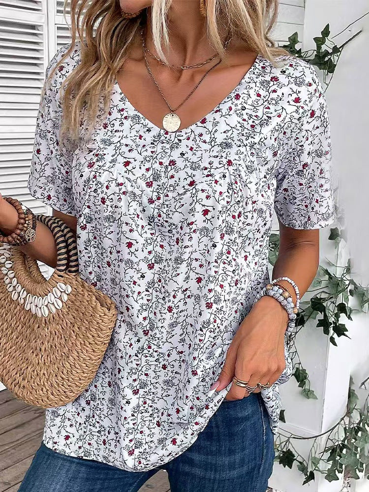 New Summer Style Elegant Printed V-Neck Short-Sleeved Top for Women