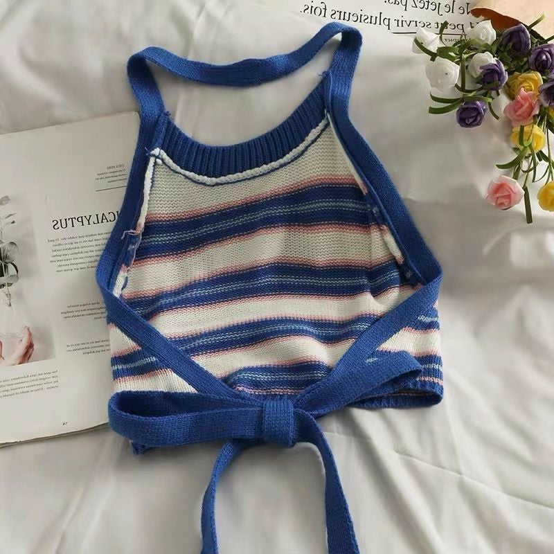 Girls’ Summer Vest Sling Top – Baby Color-Matching Striped Neck Sleeveless Shirt - RAC26JP5488BATT