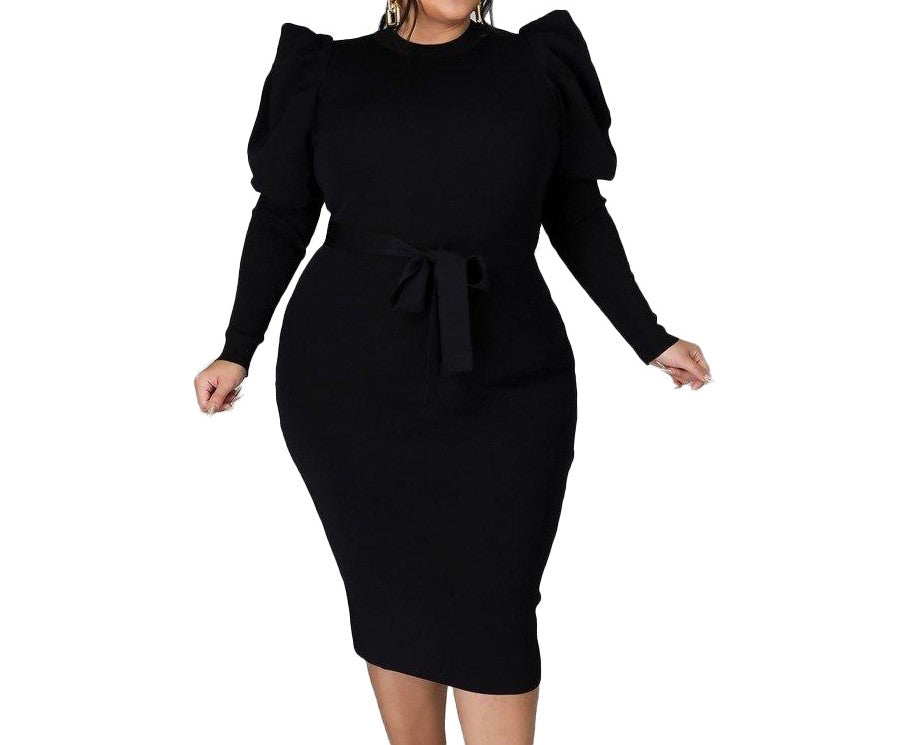 Women's Plus Size Long Sleeve Belted Slim Fit Midi Dress – Elegant & Flattering Curve-Hugging Style