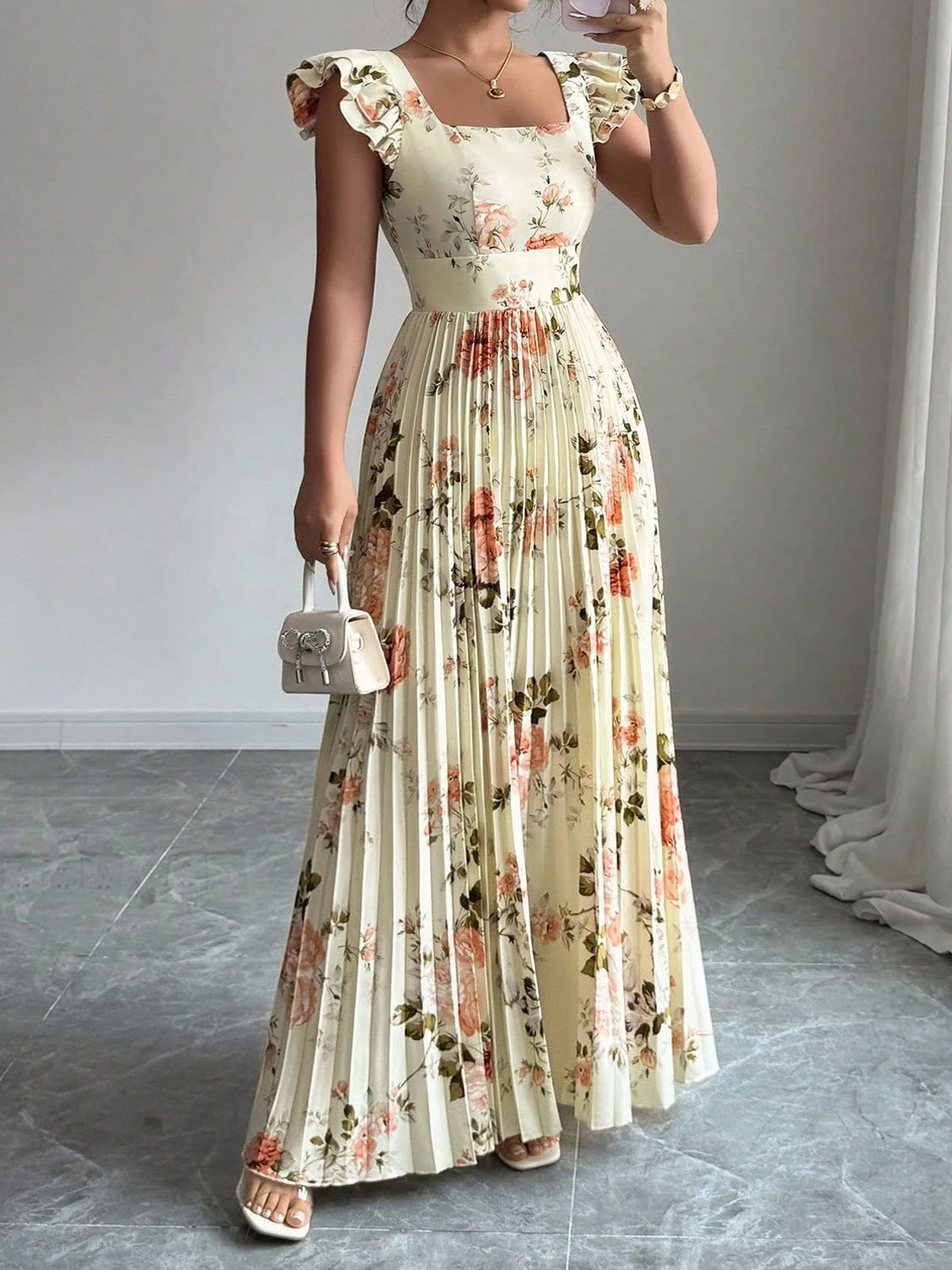 Women's Floral Print Flutter Sleeve Pleated Midi Dress with Defined Waist, Elegant Everyday Style