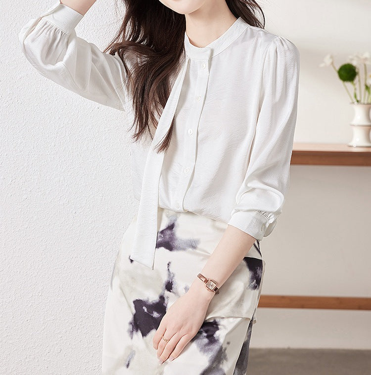 Ribbon Detail Women's Spring & Autumn Long-Sleeve Shirt - Elegant Blouse