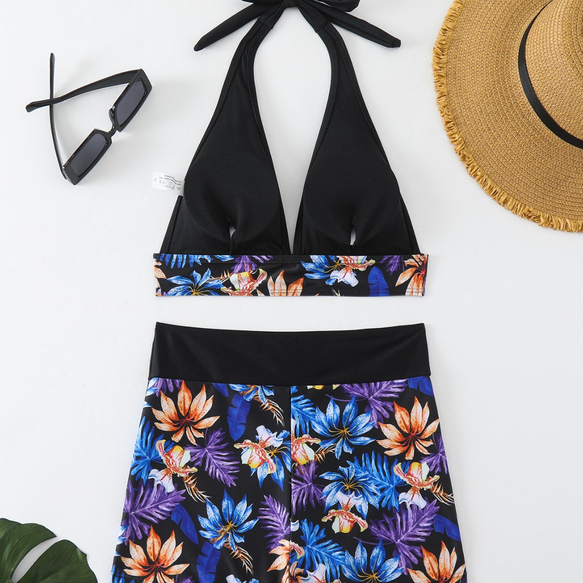 Digital Print Neck Drawstring Bikini Set with High Waist Boxer Bottom for Women
