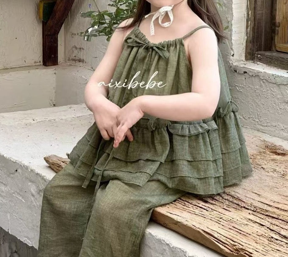 Summer Baby Girls Lace Sling Doll Shirt with Wide-Leg Pants Set - RAC26JP5376BATS