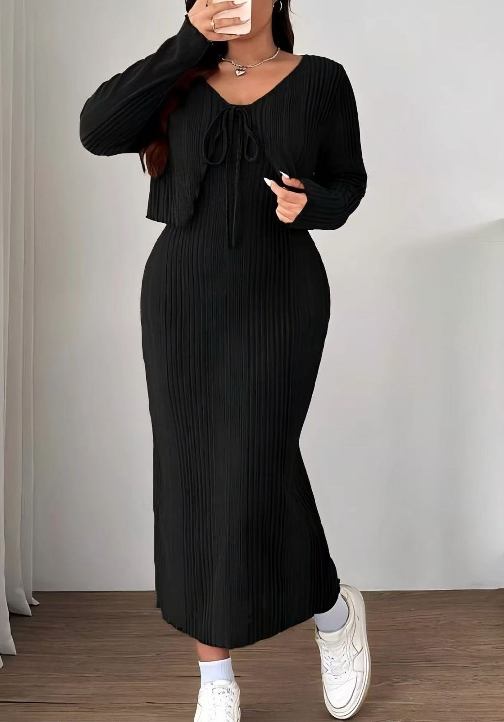 Women's Plus Size Lace-Up Knitted Suspender Dress Two-Piece Set Long Sleeve Autumn Winter Casual Outfit