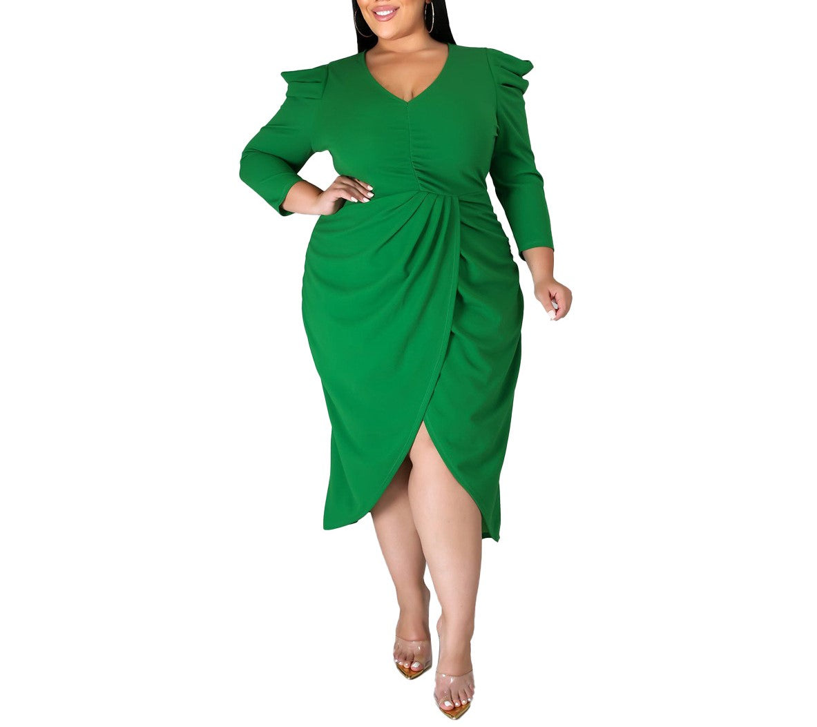 Plus Size V-Neck Solid Color Long Sleeve Dress for Women – Irregular Hem with Slit, Elegant Casual Fit