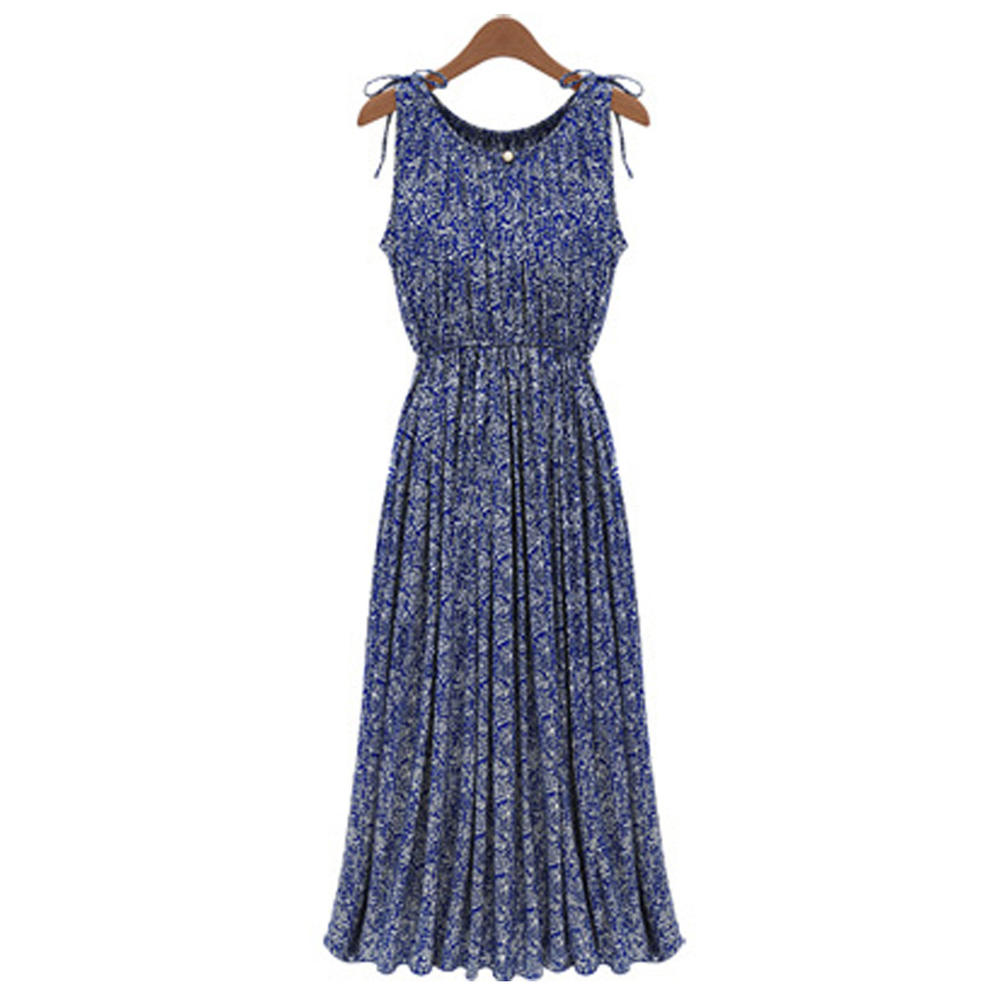 Women Floral Sleeveless Pleated Long Dress