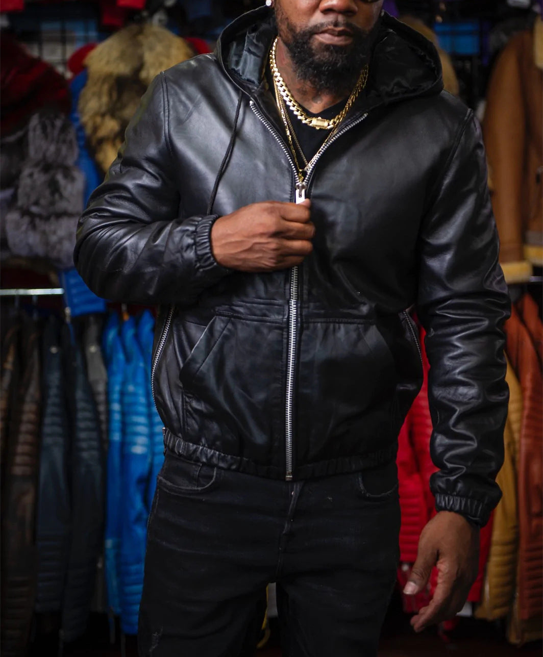 Men’s Hooded Solid Color Zipper Leather Jacket