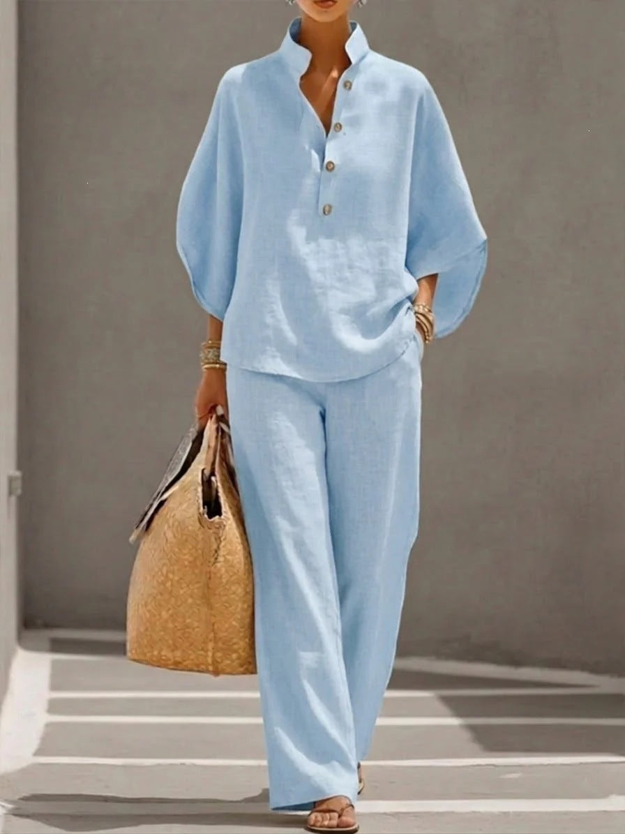 Women's New Two-Piece Shirt Suit Casual Button-Up Top and Matching Bottom Set