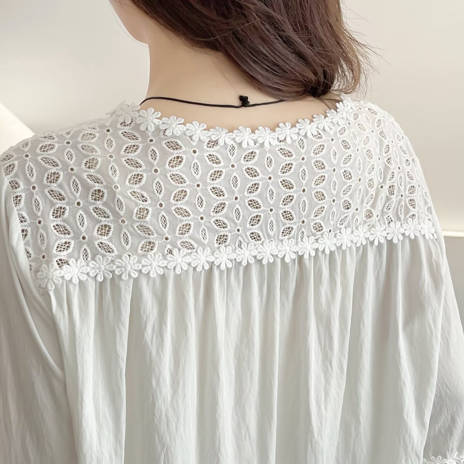 Women's Crochet Patchwork Long Sleeve Shirt – Trendy Casual Button-Up Blouse for Everyday Wear