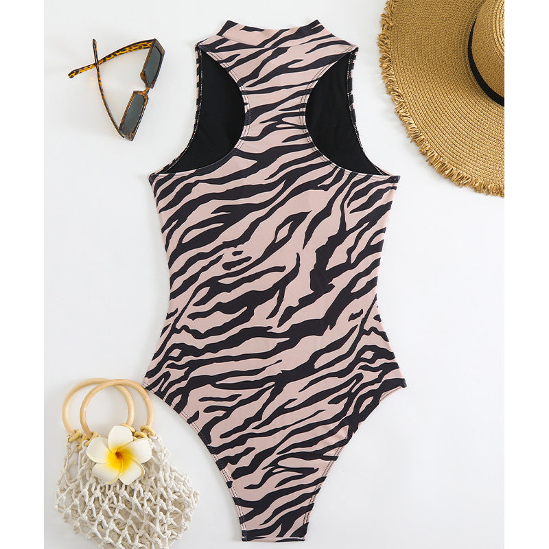 Leopard Print High Collar Zipper One-Piece Swimsuit - Slim Fit